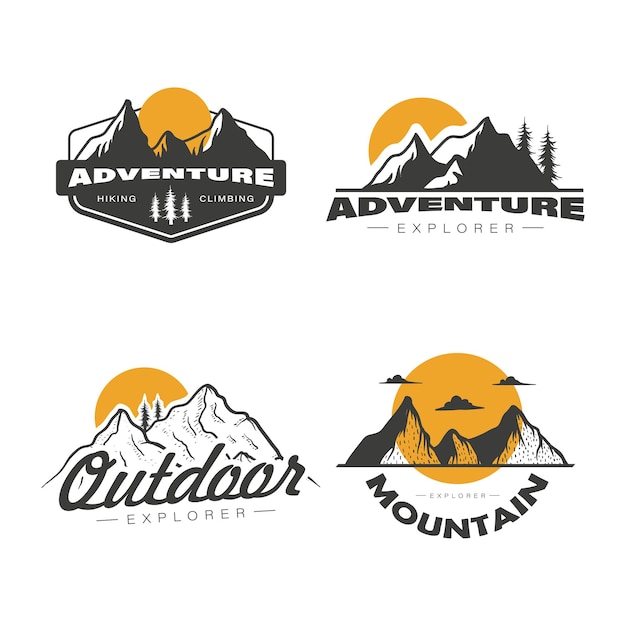 Conjunto del logotipo del icono de montaña y aventura al aire libre para el diseño de elementos de insignia de emblemas