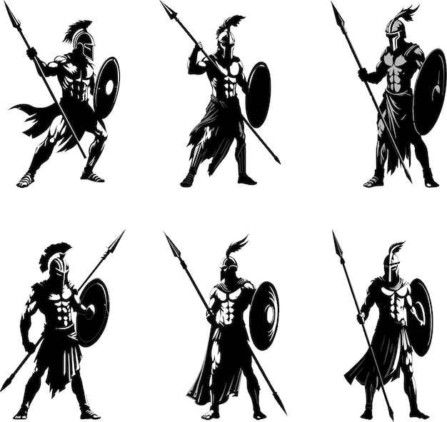 Vector conjunto de logotipo del icono de la silueta del guerrero espartano