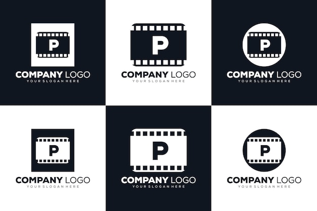 Conjunto de logotipo inicial de la letra p de la colección para la plantilla de diseño de cine y videografía