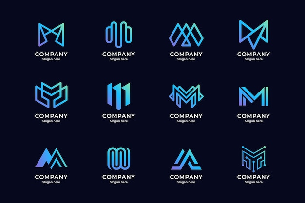 Conjunto de logotipo de letra m y combinación con estilo de color degradado azul y púrpura y fondo azul oscuro adecuado para tecnología de empresas comerciales, etc.