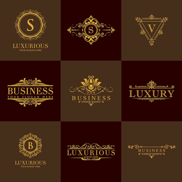 Vector conjunto de logotipo de lujo, hotel boutique, rey y conjunto de iconos reales.