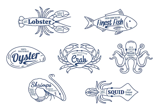 Conjunto de logotipo de mariscos colección de iconos de línea fina de mariscos