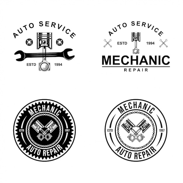 Vector conjunto de logotipo mecánico, servicios, ingeniería, reparación, pistón.