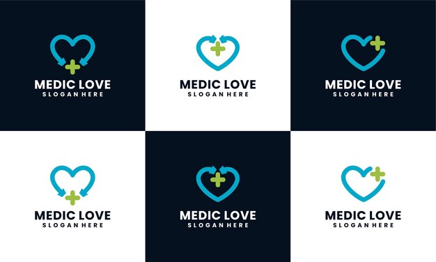 Conjunto de logotipo médico con plantilla de diseño de concepto de forma de estetoscopio de amor