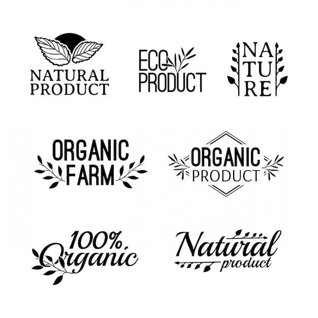 Conjunto de logotipo monocromo. Insignias, etiquetas, con plantas, elementos de hierbas y hojas, coronas y ramas de laureles verdes. Plantilla de diseño para productos naturales. Granjas, signo orgánico y bio. .