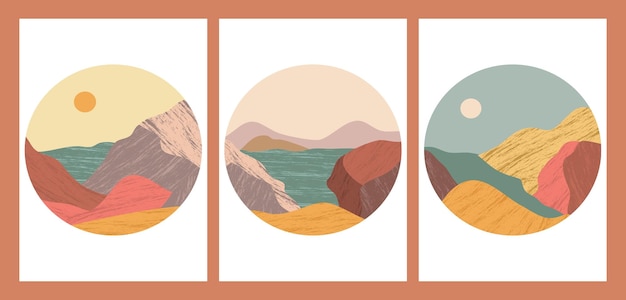 Conjunto de logotipo de las Montañas Redondas Logotipo redondo para pegatinas carteles logotipos con ondas de colinas fluviales