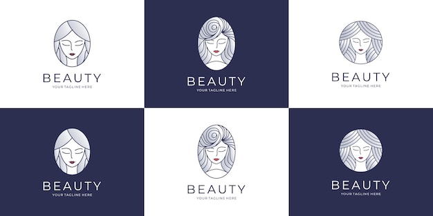 Conjunto de logotipo de mujer de belleza femenina diseño de logotipo de corte de pelo logotipo de marca de belleza de cara de belleza elegante