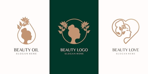 Conjunto de logotipo de mujer de belleza. spa, moda, maquillaje, peluquería chica concepto de logotipo icono estilo lineal