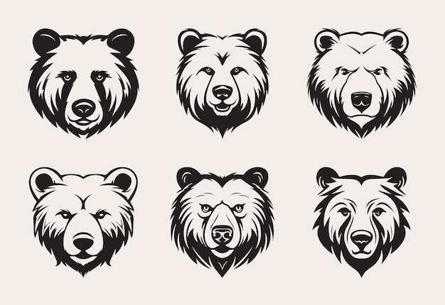 Conjunto de logotipo o icono de vector de un color con cabeza de oso