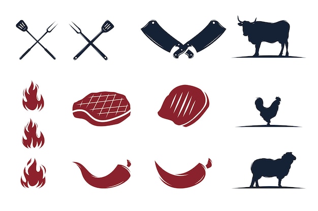 Conjunto de logotipo de parrilla barbacoa parrilla retro vintage