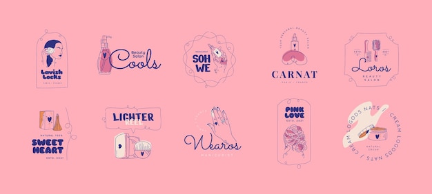 Conjunto de logotipo de salón de belleza dibujado a mano plana