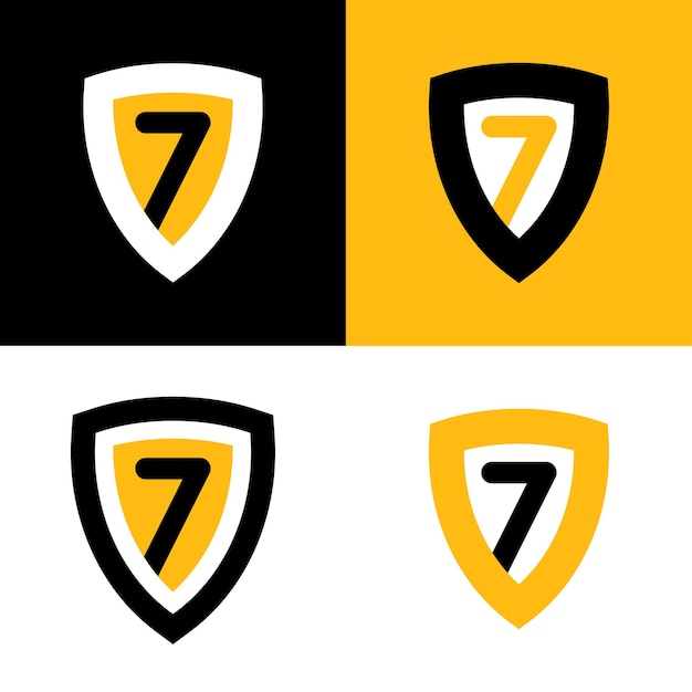Conjunto de logotipo vectorial en colores negro, amarillo y blanco insignia de escudo con siete