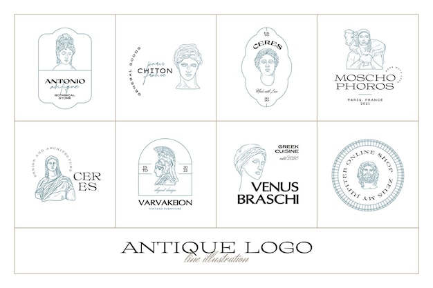 Conjunto de logotipo vectorial de estatuas clásicas griegas antiguas tatuaje moderno y punta de logotipo