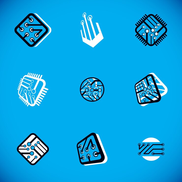 Vector conjunto de logotipos abstractos de esquema de microprocesador. placa base de vector cibernético futurista. elementos digitales, placa de circuito.
