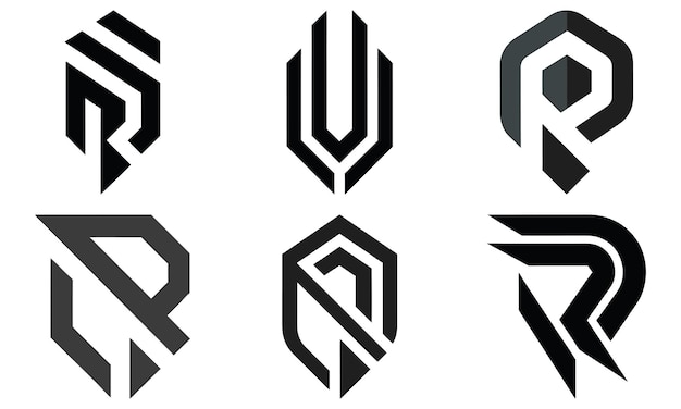 Conjunto de logotipos abstractos con las letras R U y S