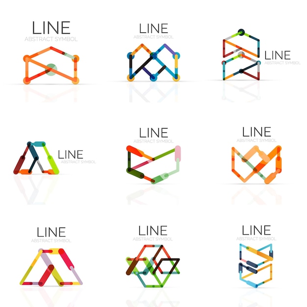 Conjunto de logotipos abstractos lineales conectados líneas de segmentos multicolores en figuras geométricas