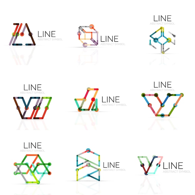 Conjunto de logotipos abstractos lineales conectados líneas de segmentos multicolores en figuras geométricas