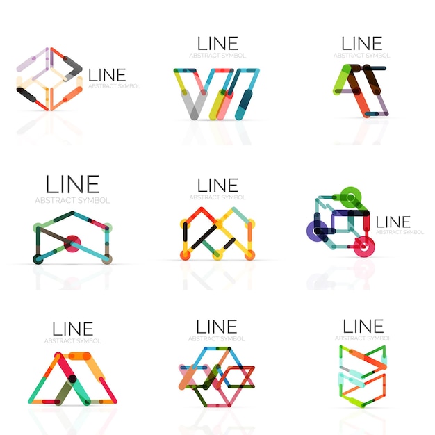 Conjunto de logotipos abstractos lineales conectados líneas de segmentos multicolores en figuras geométricas