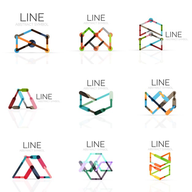 Conjunto de logotipos abstractos lineales conectados líneas de segmentos multicolores en figuras geométricas