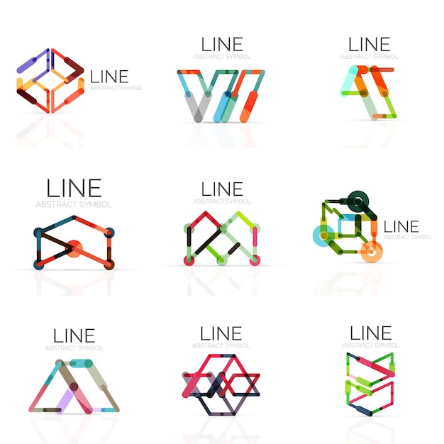 Conjunto de logotipos abstractos lineales conectados líneas de segmentos multicolores en figuras geométricas