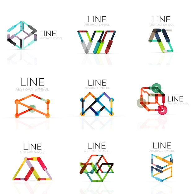 Conjunto de logotipos abstractos lineales conectados líneas de segmentos multicolores en figuras geométricas