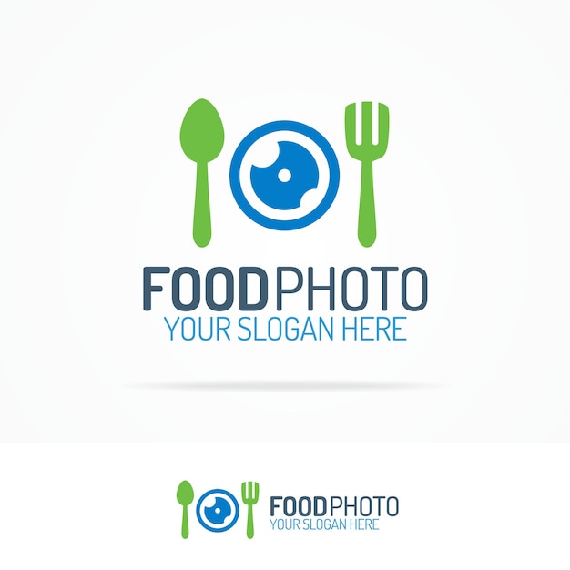 Conjunto de logotipos de alimentos con lente, tenedor y cuchara de estilo de color plano para uso en fotoeducación, escuela de fotos, fotolaboratorio, estudio de fotos, etc. Ilustración vectorial