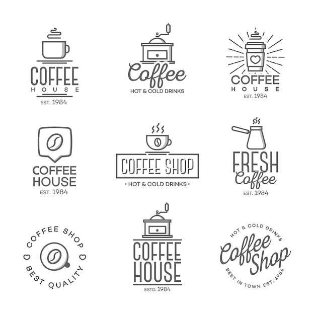 Conjunto de logotipos de cafeterías aislados sobre un fondo blanco Elementos de diseño vectorial Logos comerciales Etiquetas de identidad Etiquetas y otros objetos de marca para su negocio Ilustración vectorial