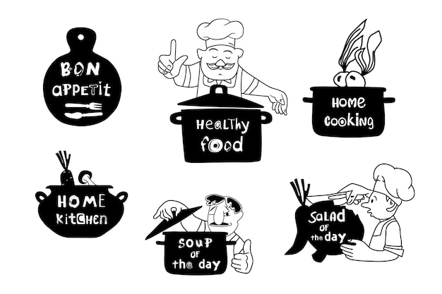Conjunto de logotipos de cocina con chefs y utensilios de cocina Letras de cocina para menú o libro de cocina Iconos vectoriales