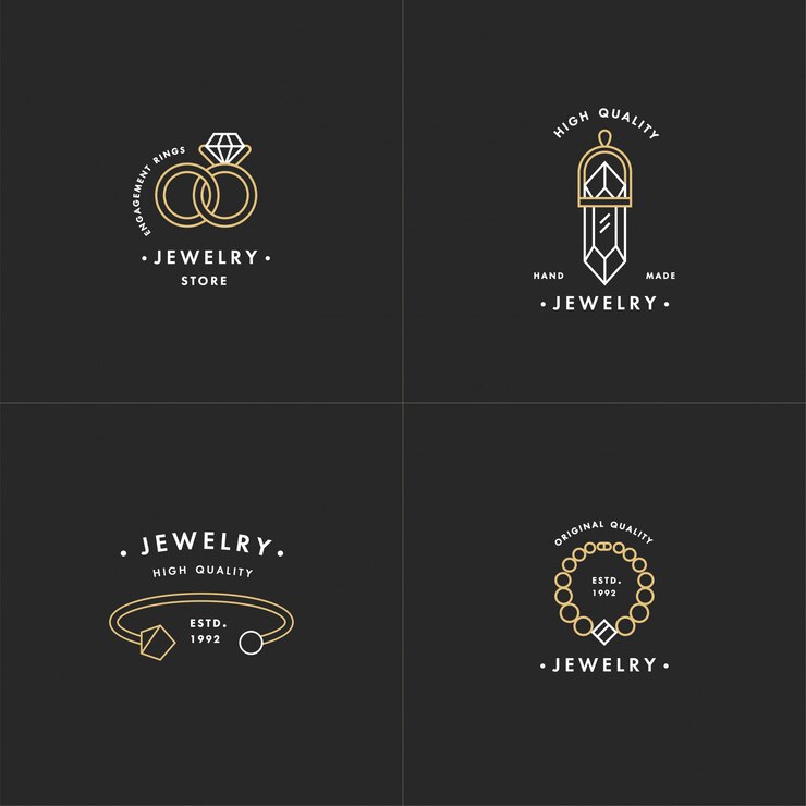 conjunto de logotipos con collar y gema, anillos de boda y pulsera
