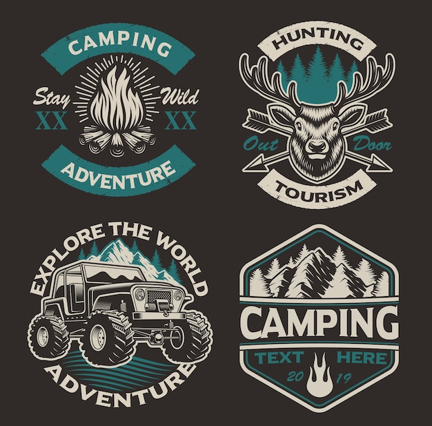 Conjunto de logotipos de colores para el tema de camping. perfecto para carteles, ropa, camisetas y muchos otros. en capas