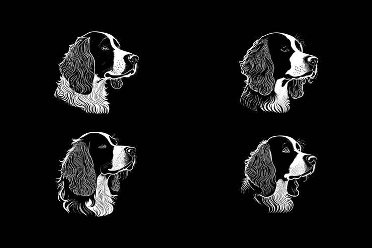 Vector conjunto de logotipos de cuidado de mascotas orientados a la familia para la silueta de springer spaniel inglés lúdico