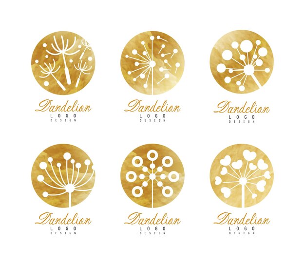 Conjunto de logotipos de diente de león Flor elegante acuarela dorada Insignias ilustración vectorial