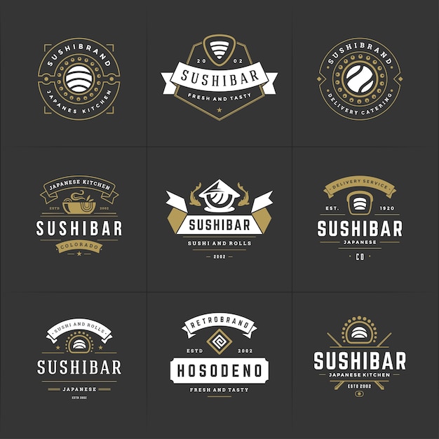 Conjunto de logotipos e insignias de restaurante de sushi