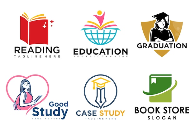 Conjunto de logotipos de educación y aprendizajelibro de la escuelasombrero de graduadostienda de libros y estudiantesSímbolos de enseñanza