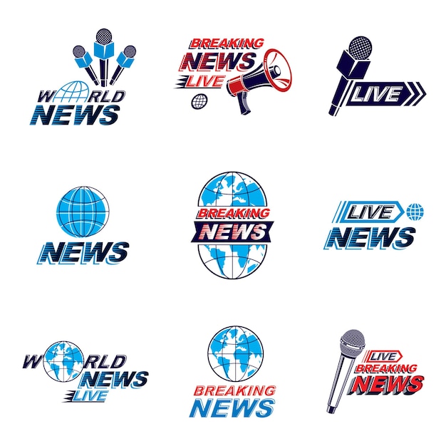 Vector conjunto de logotipos, emblemas y carteles temáticos de telecomunicaciones sociales. dispositivos de globo terráqueo, micrófonos y megáfonos ilustraciones vectoriales creadas con redacción de noticias.