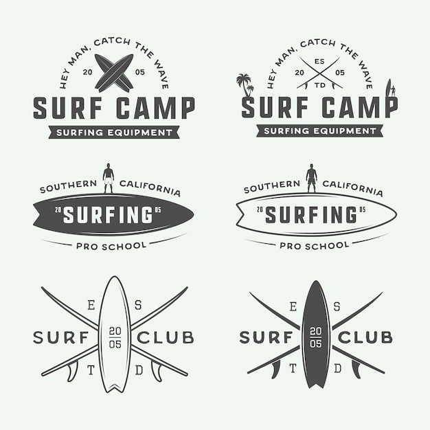 Conjunto de logotipos, emblemas, insignias, etiquetas y elementos de diseño de surf vintage. ilustración vectorial gráfica