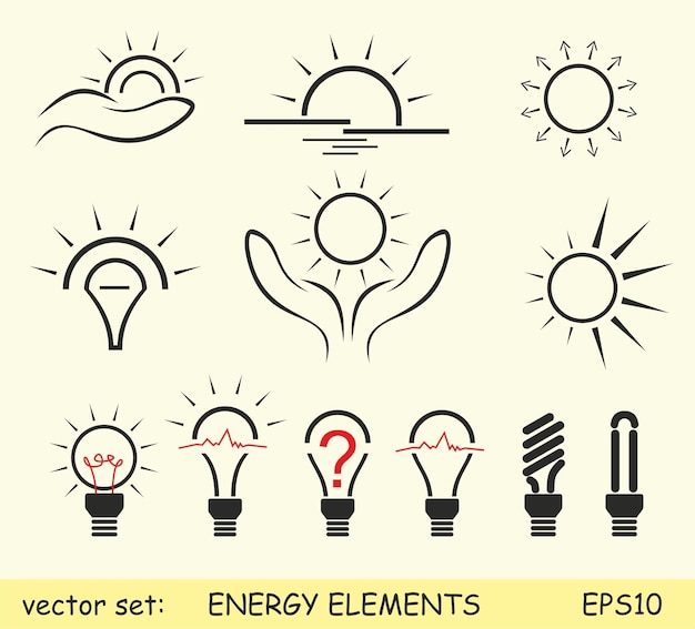 Conjunto de logotipos de energía de sol y bombillas