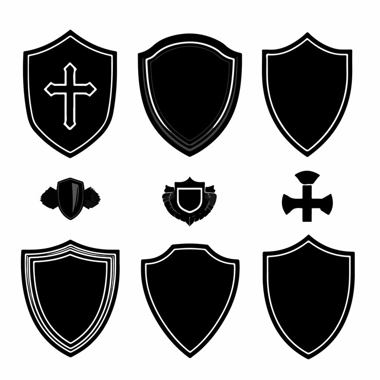 Vector un conjunto de logotipos de escudo blanco y negro con una cruz en el frente
