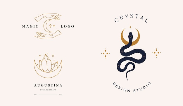 Un conjunto de logotipos en un estilo lineal Serpiente mágica con manos de estrellas lunares y medias lunas Símbolos místicos en un estilo minimalista moderno
