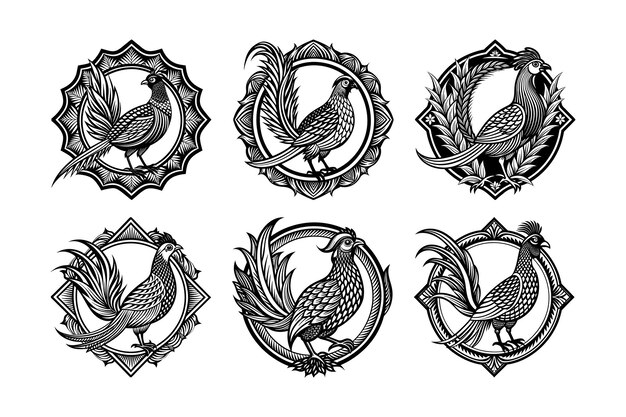 Conjunto de logotipos de faisán dorado etiquetado con ilustración de diseño vectorial de linocuto