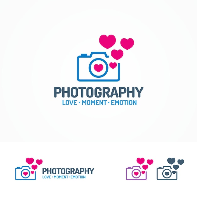 Conjunto de logotipos de fotografía con cámara fotográfica y corazones de color estilo moderno para uso de bodas, estudios de fotografía, fotoeducación, álbum de fotos, escuela de fotos, laboratorio de fotos, etc. ilustración vectorial