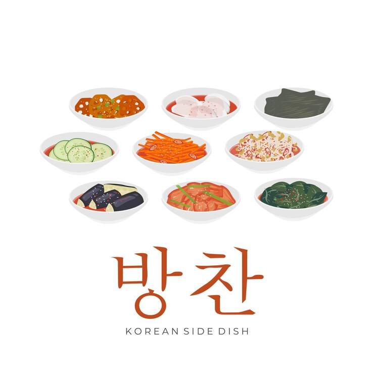 Conjunto de logotipos de ilustraciones vectoriales de guarniciones coreanas o banchan servidos en tazones blancos pequeños