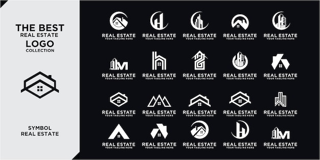 Conjunto de logotipos inmobiliarios / colección de logotipos de casas creativas / conjunto de logotipos de edificios abstractos. colección de conjuntos de arquitectura de edificios, estilo de arte de línea de diseño de logotipos inmobiliarios