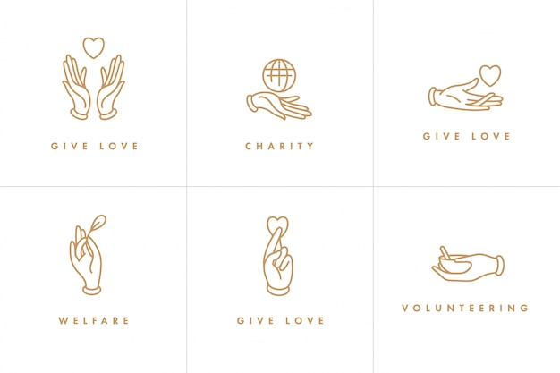 conjunto de logotipos, insignias e iconos para conceptos de caridad y voluntariado. Diseño de carteles de organización filantrópica. Símbolo de colección de organizaciones de voluntarios.
