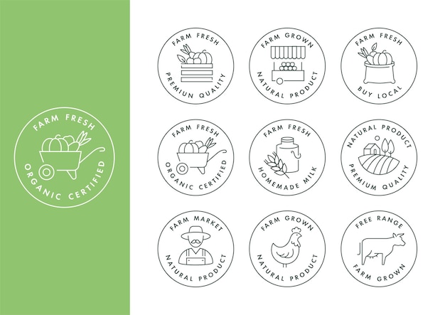 conjunto de logotipos, insignias e iconos para productos agrícolas y sanitarios naturales.