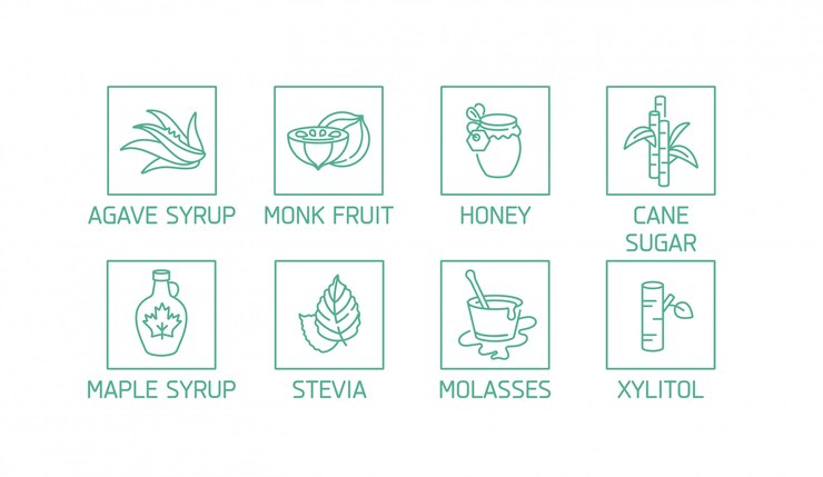 Conjunto de logotipos, insignias e iconos para productos naturales y orgánicos. Símbolo de la colección de productos saludables y alternativas de azúcar, sustitutos naturales.