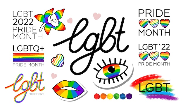 Conjunto de logotipos LGBT Pride Month 2022, pegatinas e inscripciones con símbolos LGBTQ