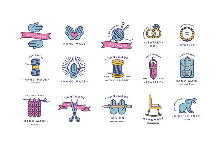 Conjunto de logotipos de línea coloridos hechos a mano. Insignias lineales hechas a mano o etiquetas de contorno hechas a mano. Símbolos de prendas de punto y costura. ilustración.