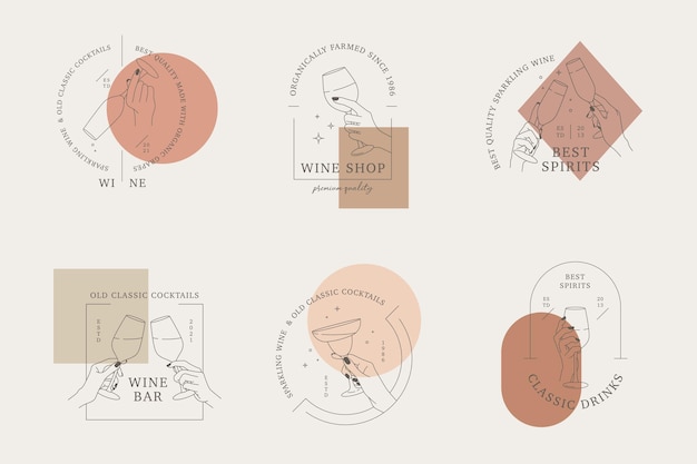 Conjunto de logotipos lineales o plantilla de emblema con formas abstractas para tienda de alcohol bar de vinos tienda de bebidas cóctel café Manos en diferentes gestos sostienen vasos de bebida Ilustraciones vectoriales