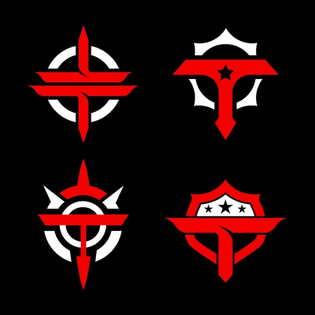 Un conjunto de logotipos para el logotipo de la empresa Logotipo de escudo táctico con letra T